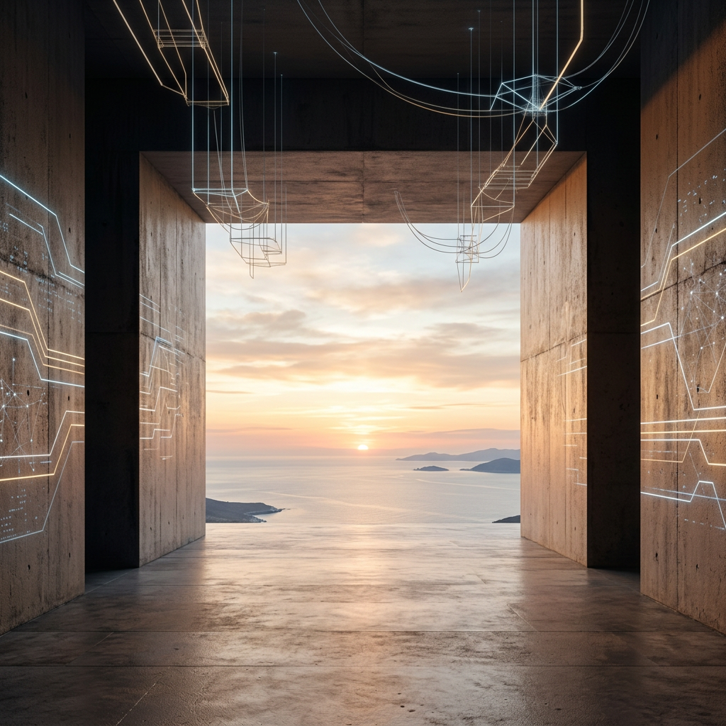 Concrete portal framing a sunset over calm sea and distant islands